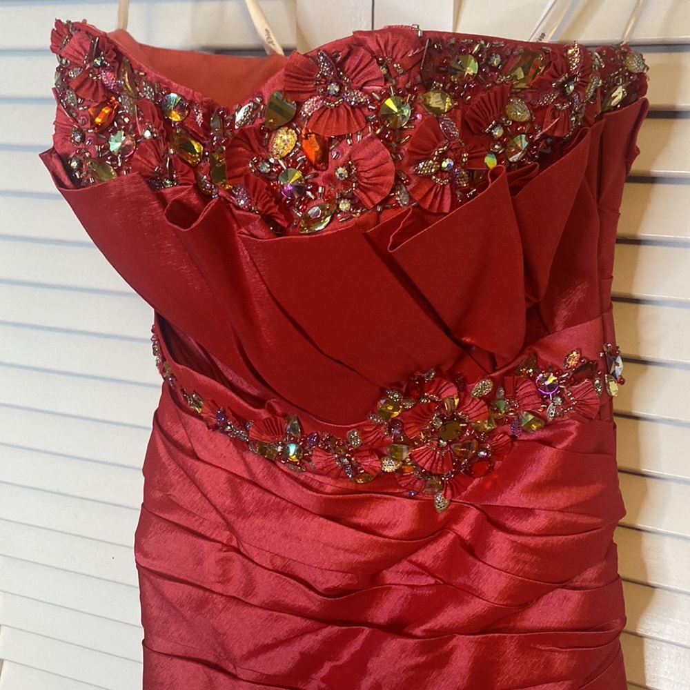 Riva Designs Red Strapless Prom Dress - Picture 2 of 11